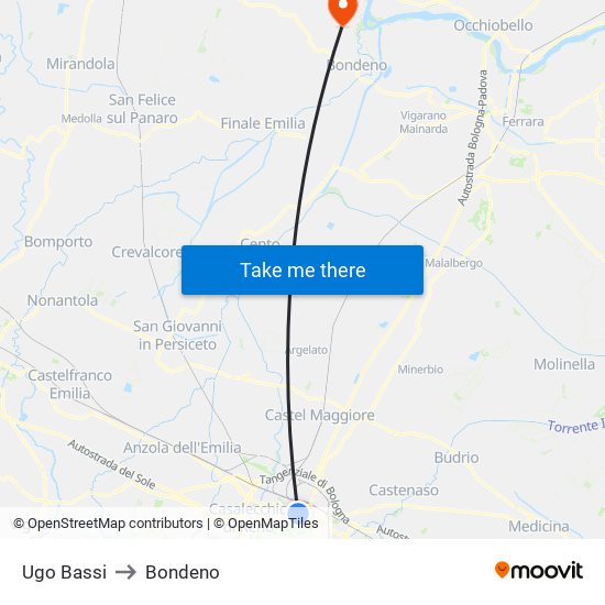 Ugo Bassi to Bondeno map