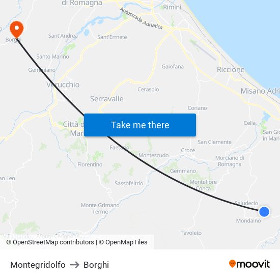 Montegridolfo to Borghi map