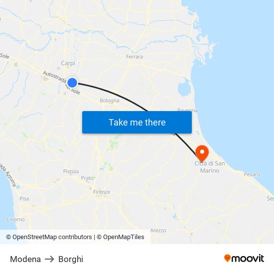 Modena to Borghi map