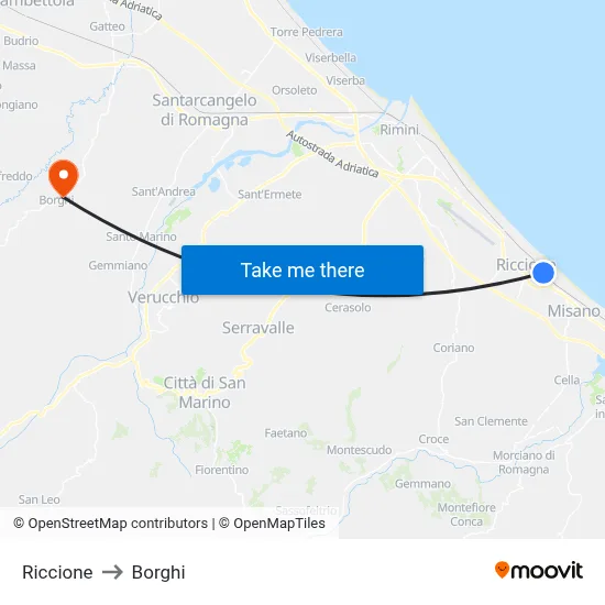Riccione to Borghi map
