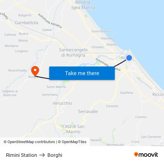 Rimini Station to Borghi map