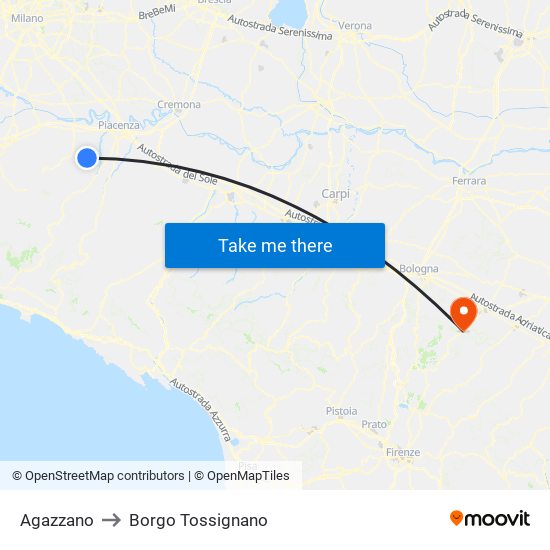 Agazzano to Borgo Tossignano map