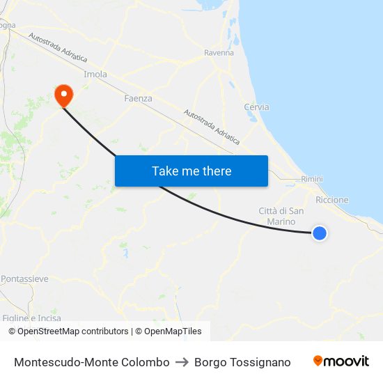 Montescudo-Monte Colombo to Borgo Tossignano map