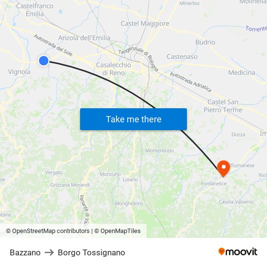 Bazzano to Borgo Tossignano map