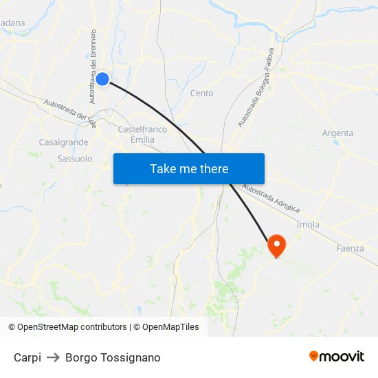 Carpi to Borgo Tossignano map