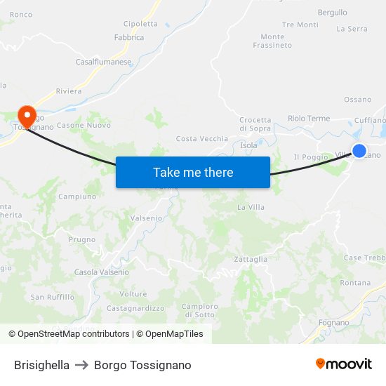 Brisighella to Borgo Tossignano map