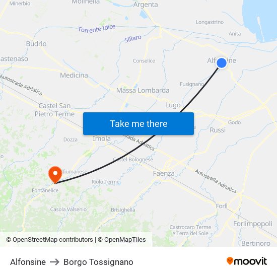 Alfonsine to Borgo Tossignano map