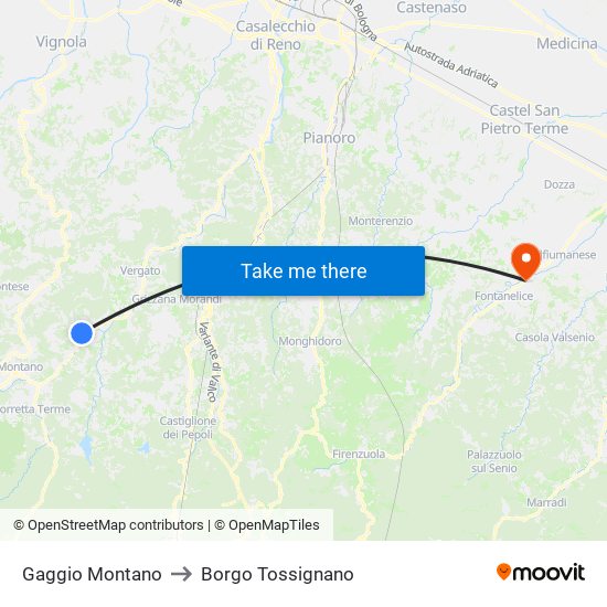 Gaggio Montano to Borgo Tossignano map