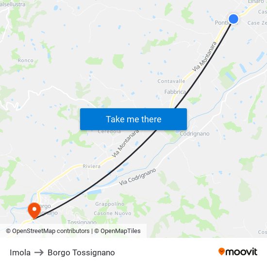 Imola to Borgo Tossignano map