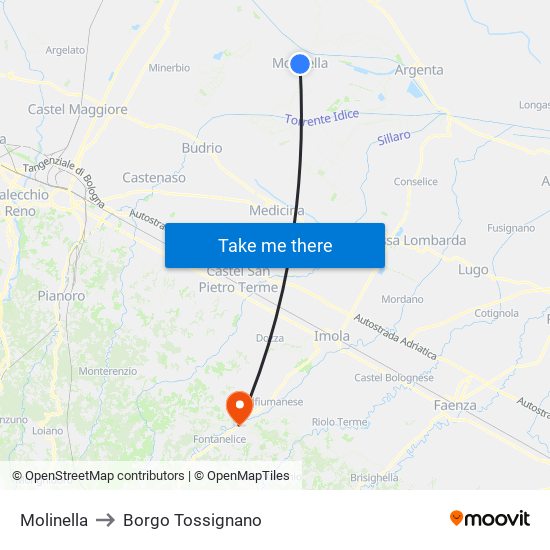 Molinella to Borgo Tossignano map