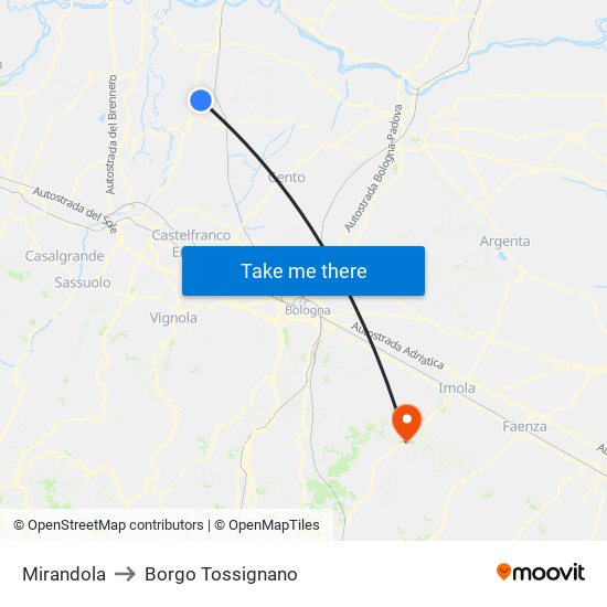 Mirandola to Borgo Tossignano map