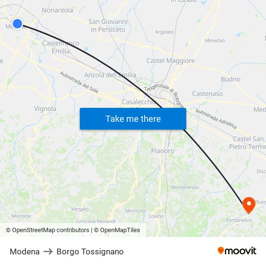 Modena to Borgo Tossignano map