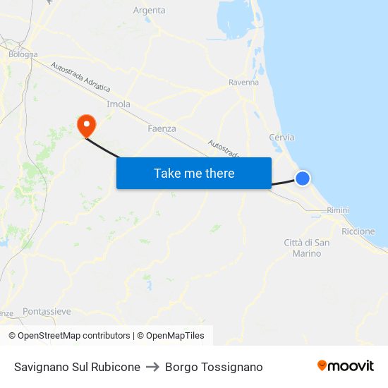 Savignano Sul Rubicone to Borgo Tossignano map