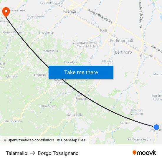 Talamello to Borgo Tossignano map