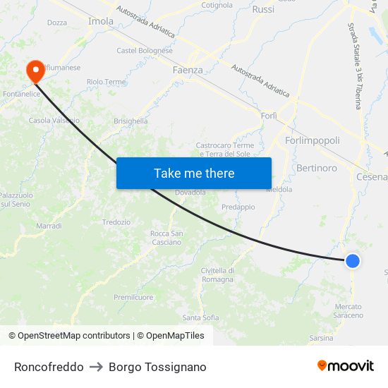 Roncofreddo to Borgo Tossignano map