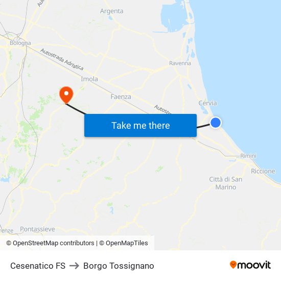 Cesenatico FS to Borgo Tossignano map
