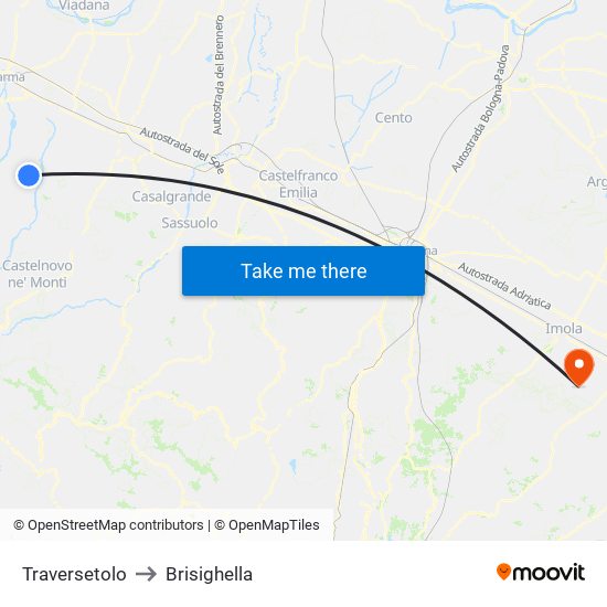 Traversetolo to Brisighella map