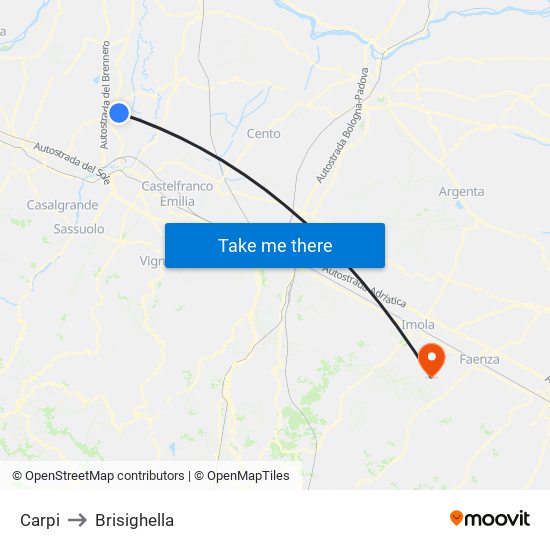 Carpi to Brisighella map