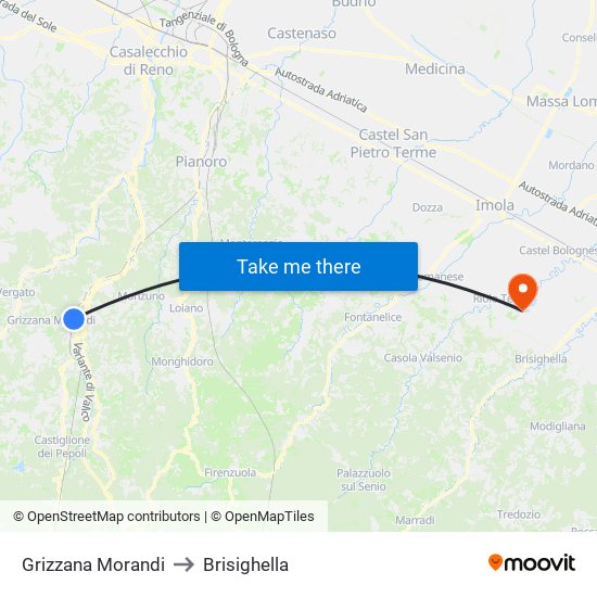 Grizzana Morandi to Brisighella map