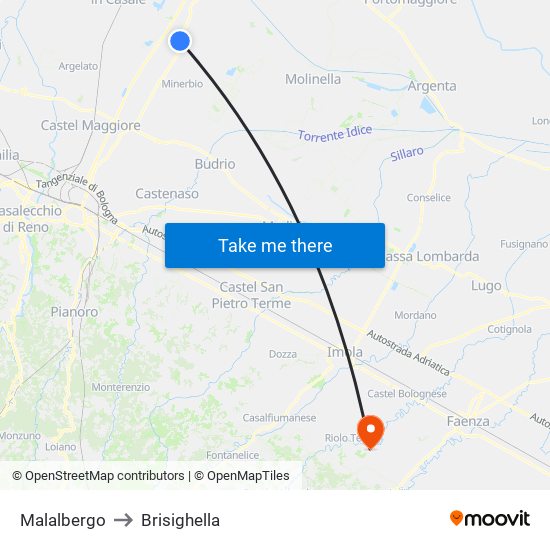 Malalbergo to Brisighella map