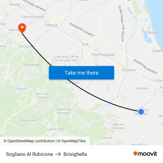 Sogliano Al Rubicone to Brisighella map