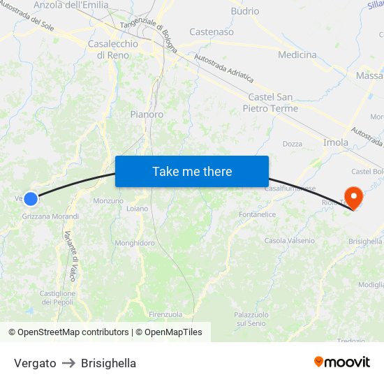 Vergato to Brisighella map