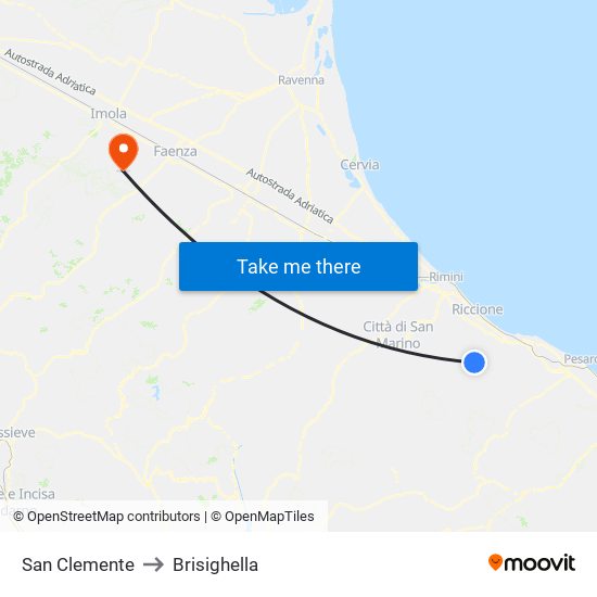 San Clemente to Brisighella map