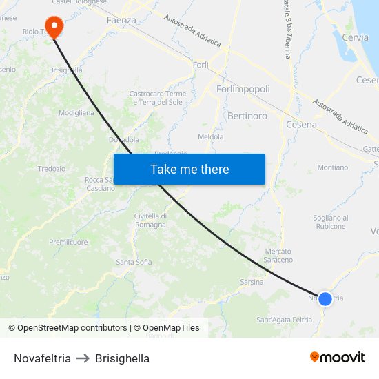 Novafeltria to Brisighella map