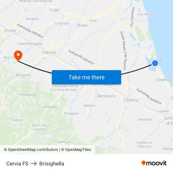Cervia FS to Brisighella map
