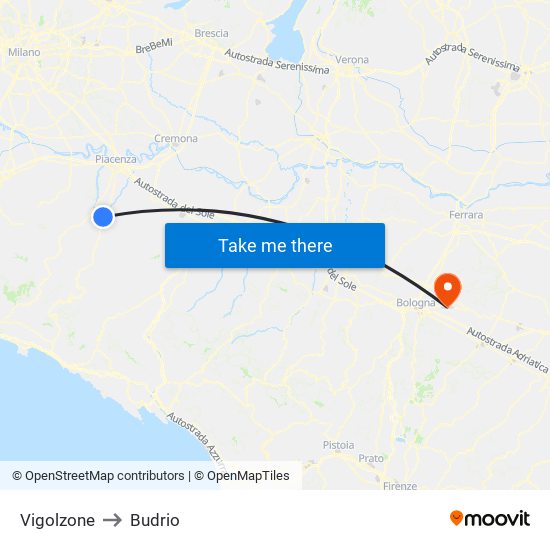 Vigolzone to Budrio map