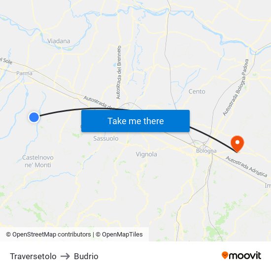 Traversetolo to Budrio map
