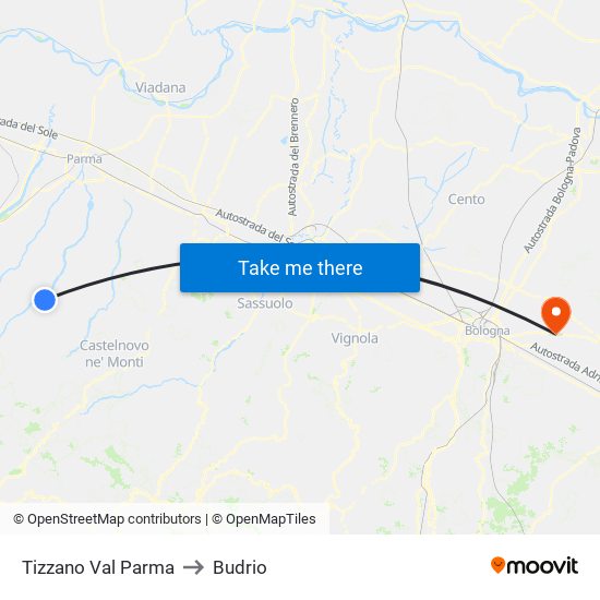 Tizzano Val Parma to Budrio map