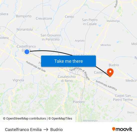 Castelfranco Emilia to Budrio map