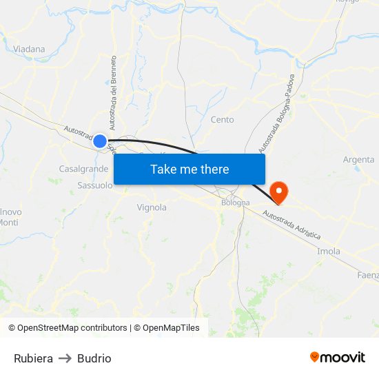 Rubiera to Budrio map