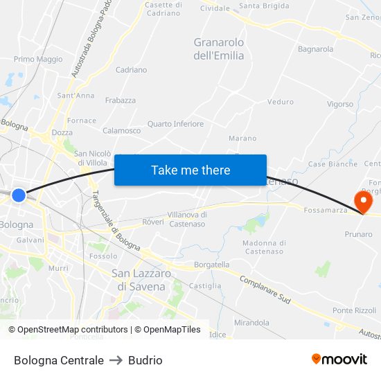 Bologna Centrale to Budrio map