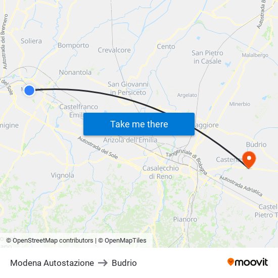 Modena  Autostazione to Budrio map