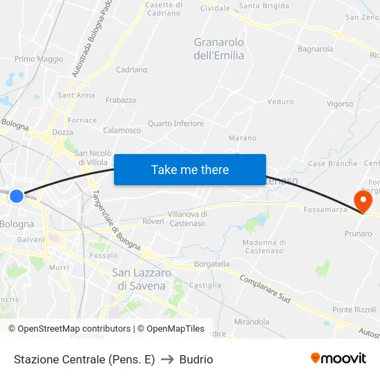 Stazione Centrale (Pens. E) to Budrio map