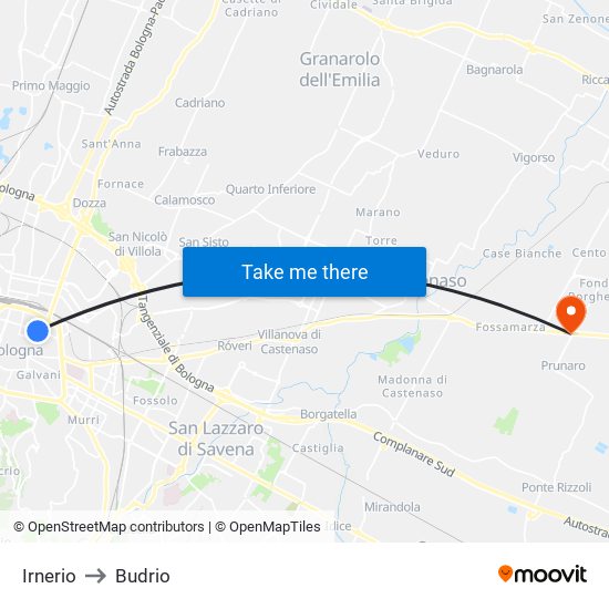 Irnerio to Budrio map