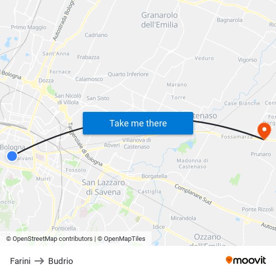 Farini to Budrio map