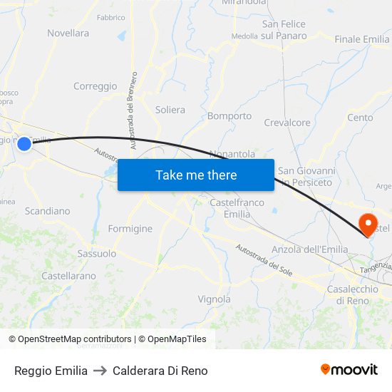 Reggio Emilia to Calderara Di Reno map