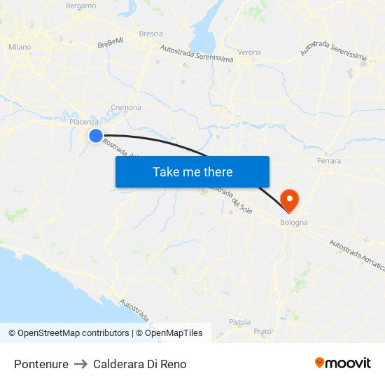 Pontenure to Calderara Di Reno map