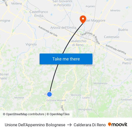 Unione Dell'Appennino Bolognese to Calderara Di Reno map