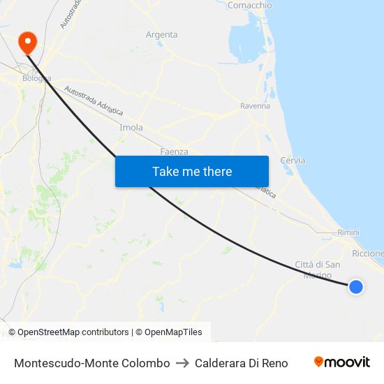 Montescudo-Monte Colombo to Calderara Di Reno map