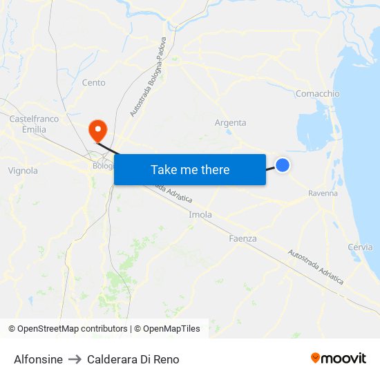 Alfonsine to Calderara Di Reno map