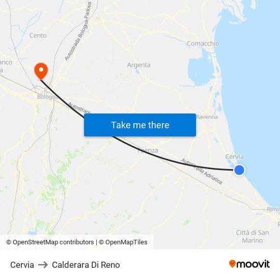 Cervia to Calderara Di Reno map