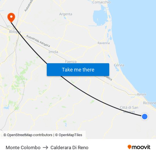 Monte Colombo to Calderara Di Reno map