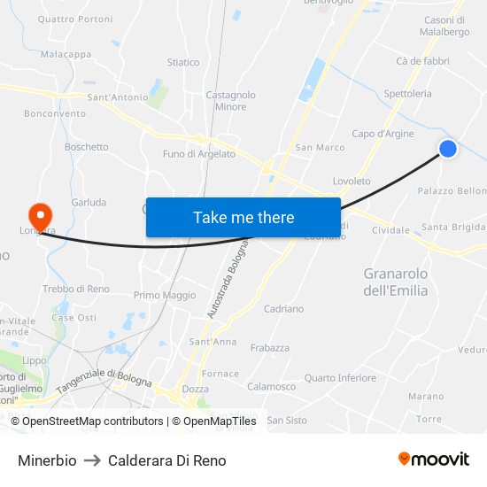 Minerbio to Calderara Di Reno map