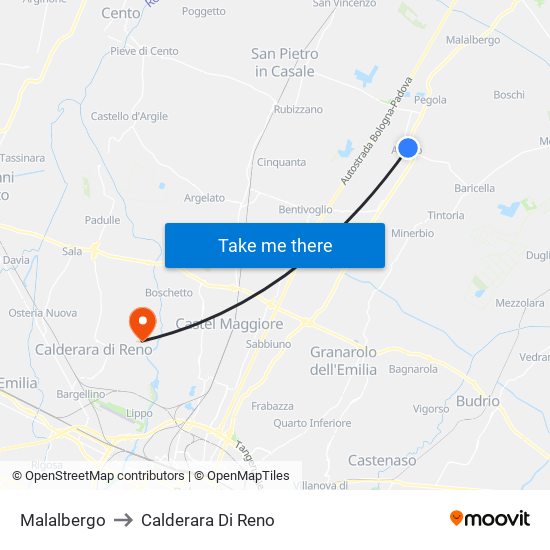 Malalbergo to Calderara Di Reno map