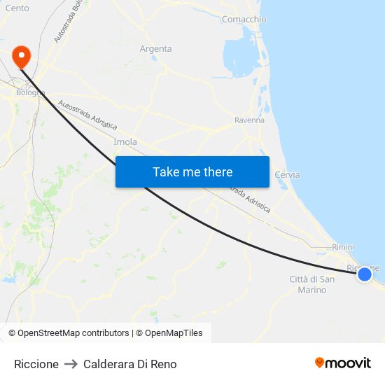 Riccione to Calderara Di Reno map