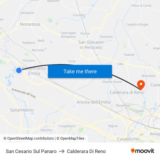 San Cesario Sul Panaro to Calderara Di Reno map